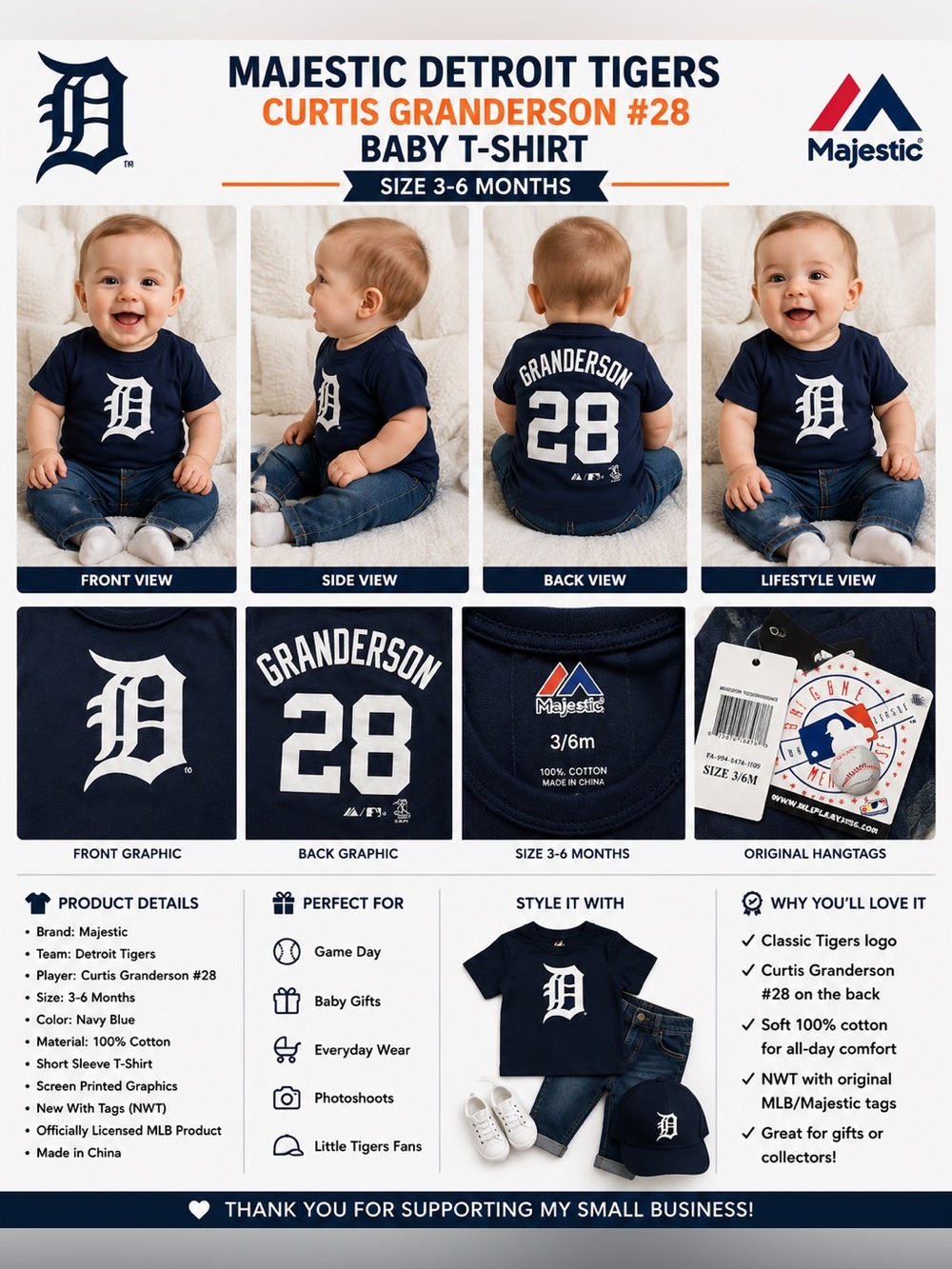 NWT Majestic Detroit Tigers Curtis Granderson #28 Baby T-Shirt 3-6M MLB Navy